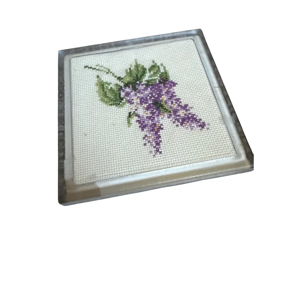Vintage Needlepoint Lilac Coaster Trivet Purple Floral Cork Back Square 6 Inch